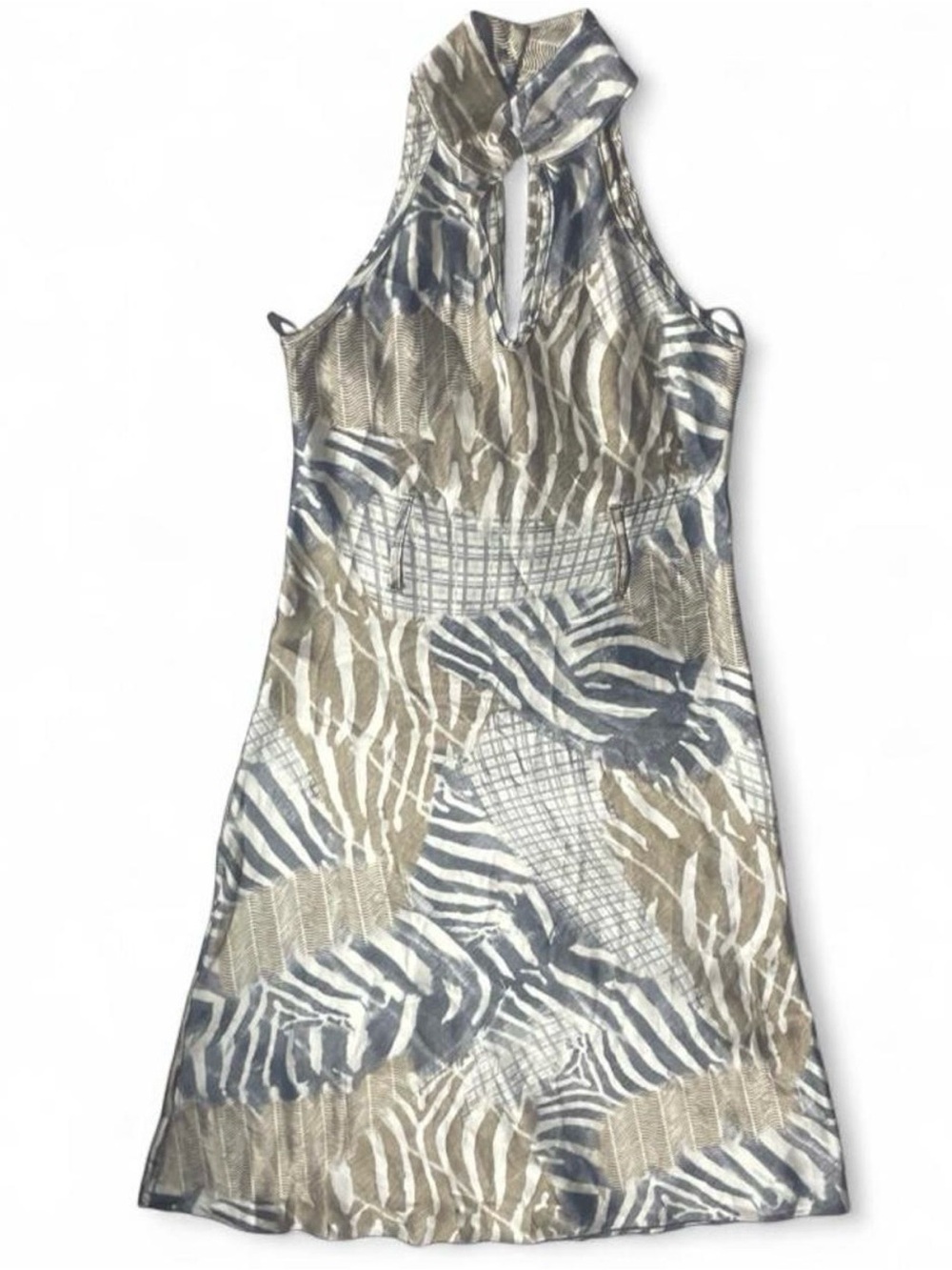 Sleeveless Halter Animal-Print Dress in Beige and Blue